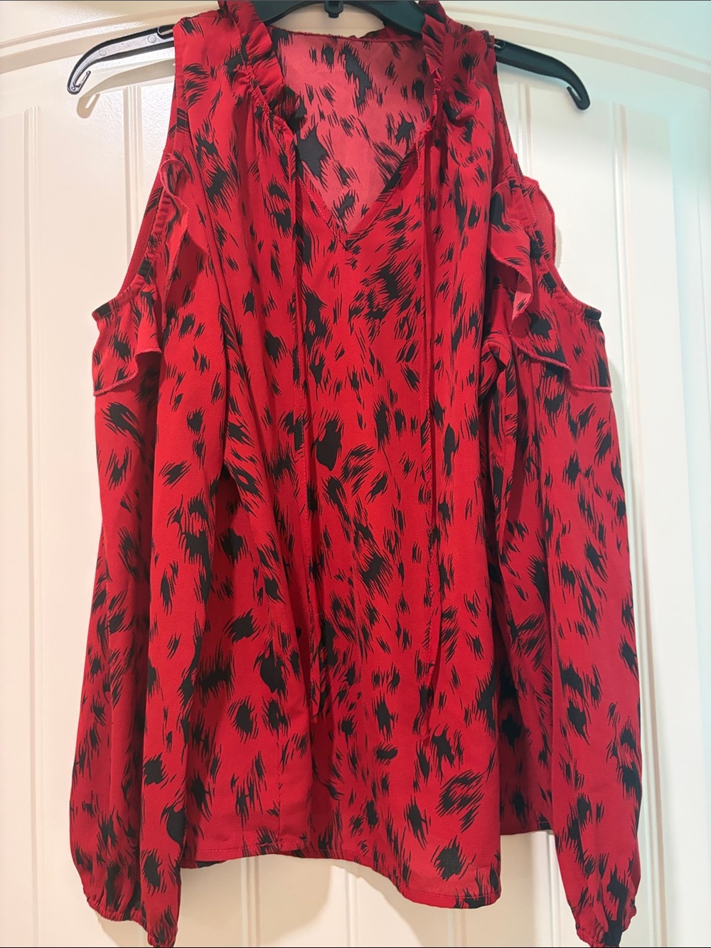 Red Cold-Shoulder Blouse with Black Abstract Print